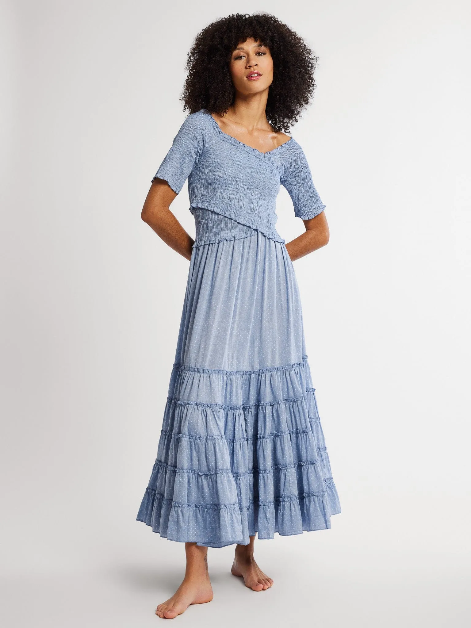 Celia Dress in Chambray Polka Dot