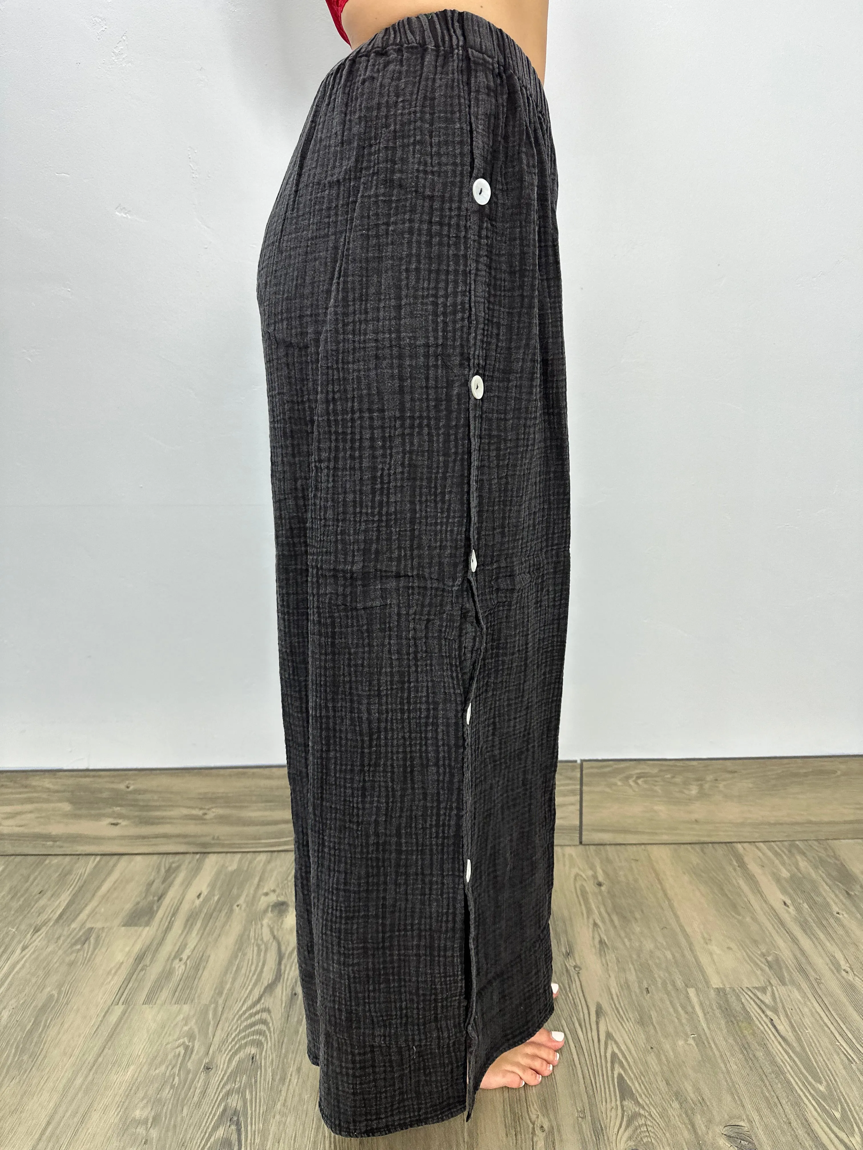 Charcoal Black Long Cotton Gauze Side Buttons Flowy Pants