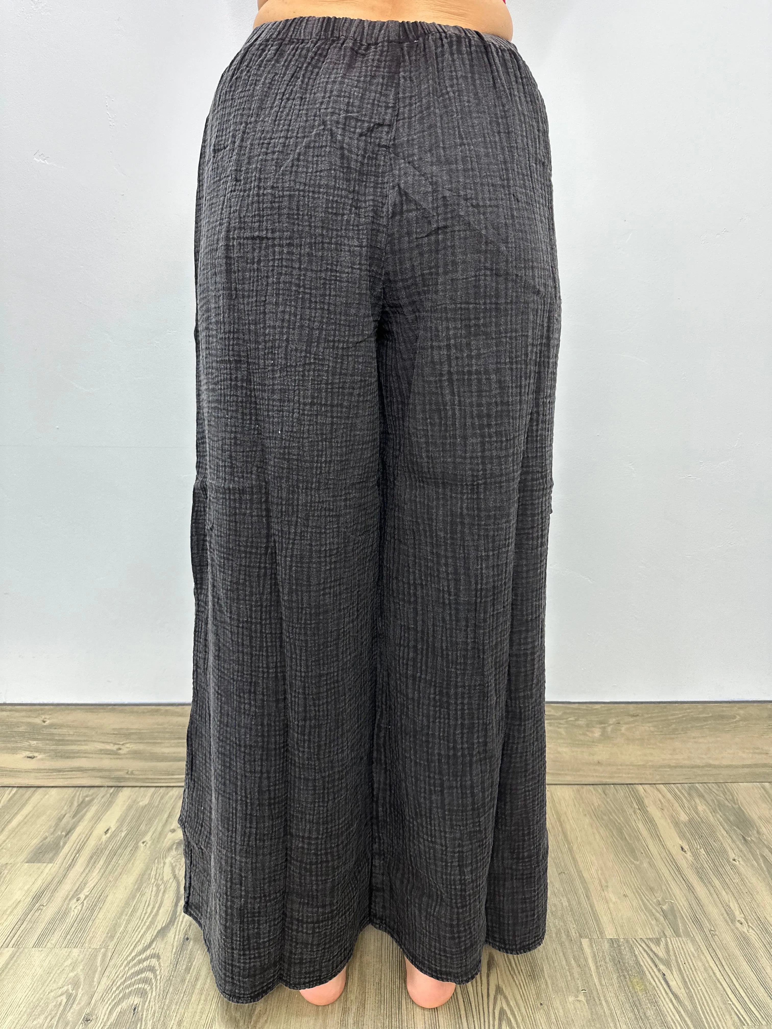 Charcoal Black Long Cotton Gauze Side Buttons Flowy Pants