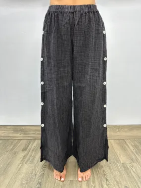 Charcoal Black Long Cotton Gauze Side Buttons Flowy Pants