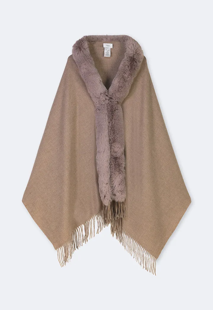 Choice Faux Fur Embellished Poncho Beige