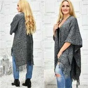 Classic Knit Wrap Shrug Poncho Black And Gray