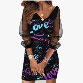 Colorful Plus Size Sheer Sleeve Love Dress