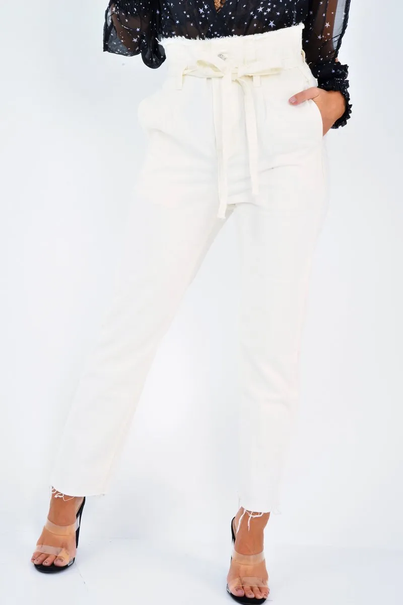 Cream Denim Tie Waist Paperbag Jeans - Lylee