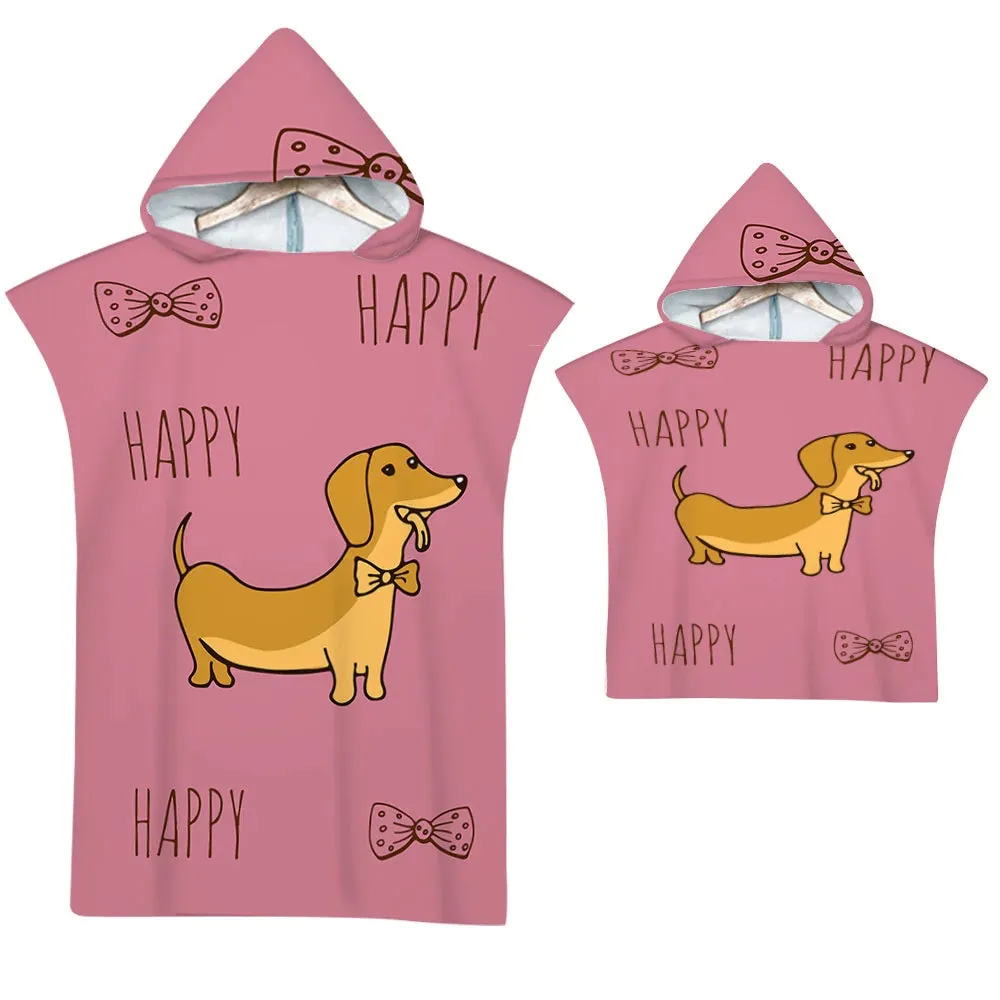 Cute Dog Microfiber Beach Towel Quick Dry Hooded Cloak Wetsuit Towels Adult Kids Parent-Child Poncho Bathrobe For Swim Surf