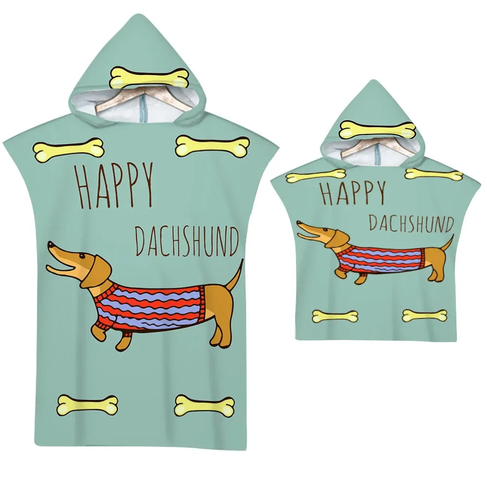 Cute Dog Microfiber Beach Towel Quick Dry Hooded Cloak Wetsuit Towels Adult Kids Parent-Child Poncho Bathrobe For Swim Surf