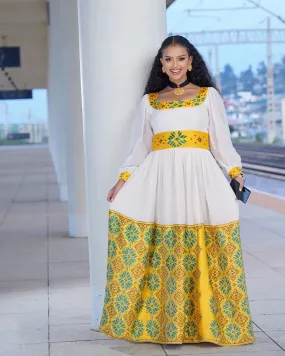 Elegant Golden Habesha Dress: with Green and Red Embellishment Traditional Ethiopian Dress