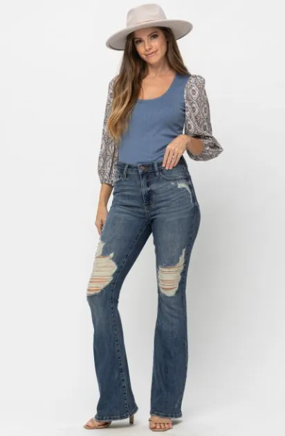 Eva High Waste Destroyed Flare Jeans - Judy Blue