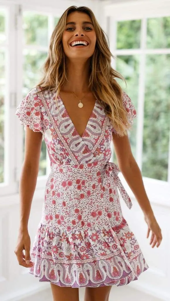 FashionSierra - Vintage Women Short Sleeve Wrap Boho Floral Mini Dress