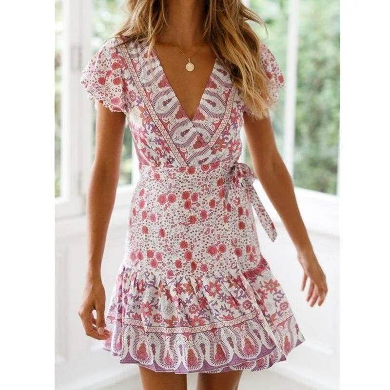 FashionSierra - Vintage Women Short Sleeve Wrap Boho Floral Mini Dress