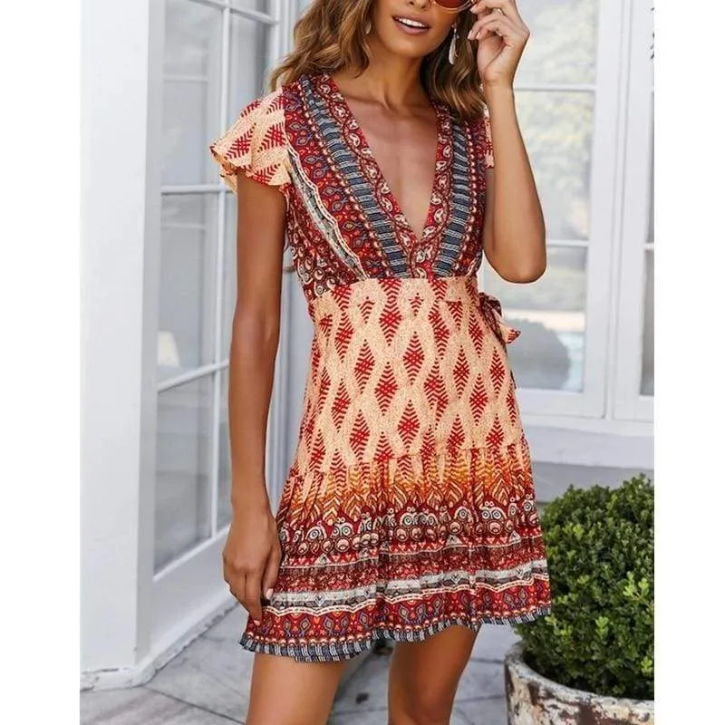 FashionSierra - Vintage Women Short Sleeve Wrap Boho Floral Mini Dress