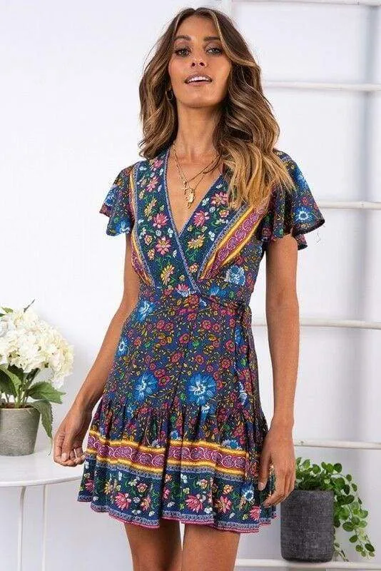 FashionSierra - Vintage Women Short Sleeve Wrap Boho Floral Mini Dress