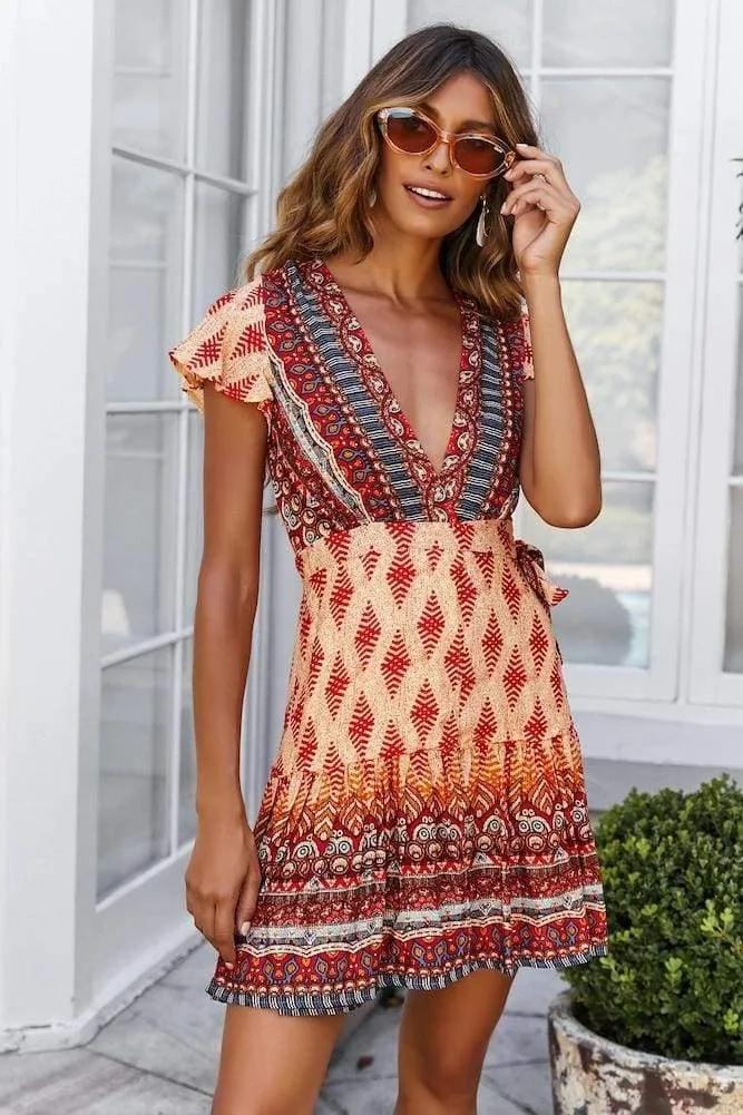 FashionSierra - Vintage Women Short Sleeve Wrap Boho Floral Mini Dress