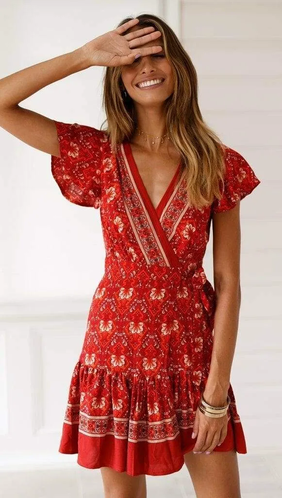 FashionSierra - Vintage Women Short Sleeve Wrap Boho Floral Mini Dress