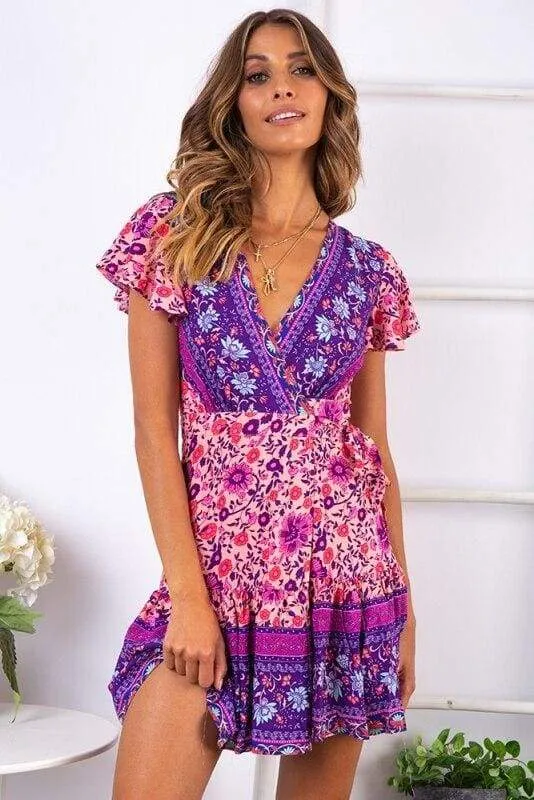 FashionSierra - Vintage Women Short Sleeve Wrap Boho Floral Mini Dress