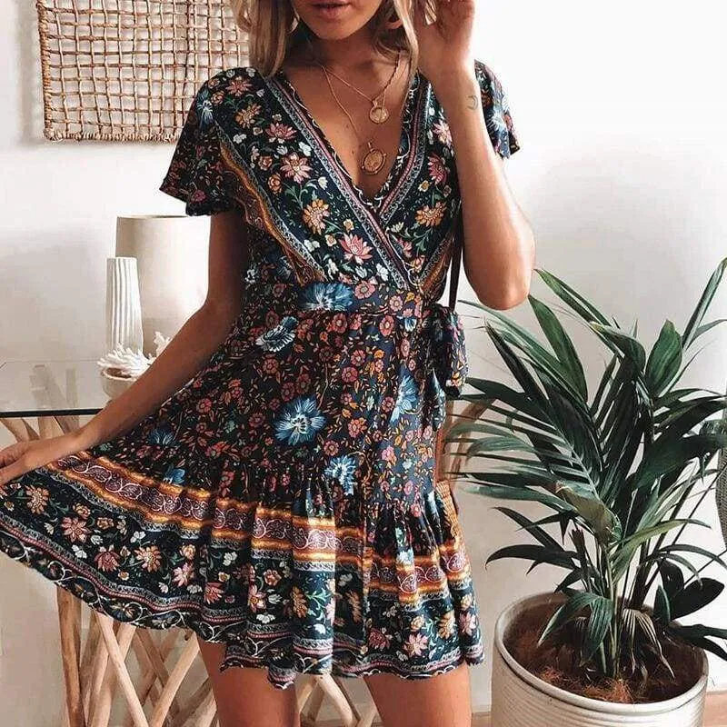 FashionSierra - Vintage Women Short Sleeve Wrap Boho Floral Mini Dress