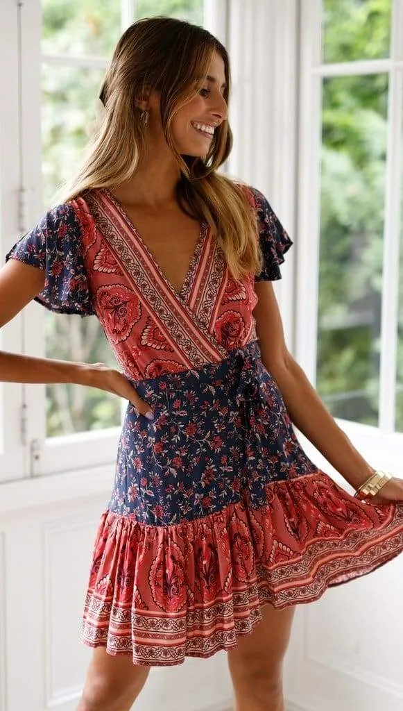 FashionSierra - Vintage Women Short Sleeve Wrap Boho Floral Mini Dress