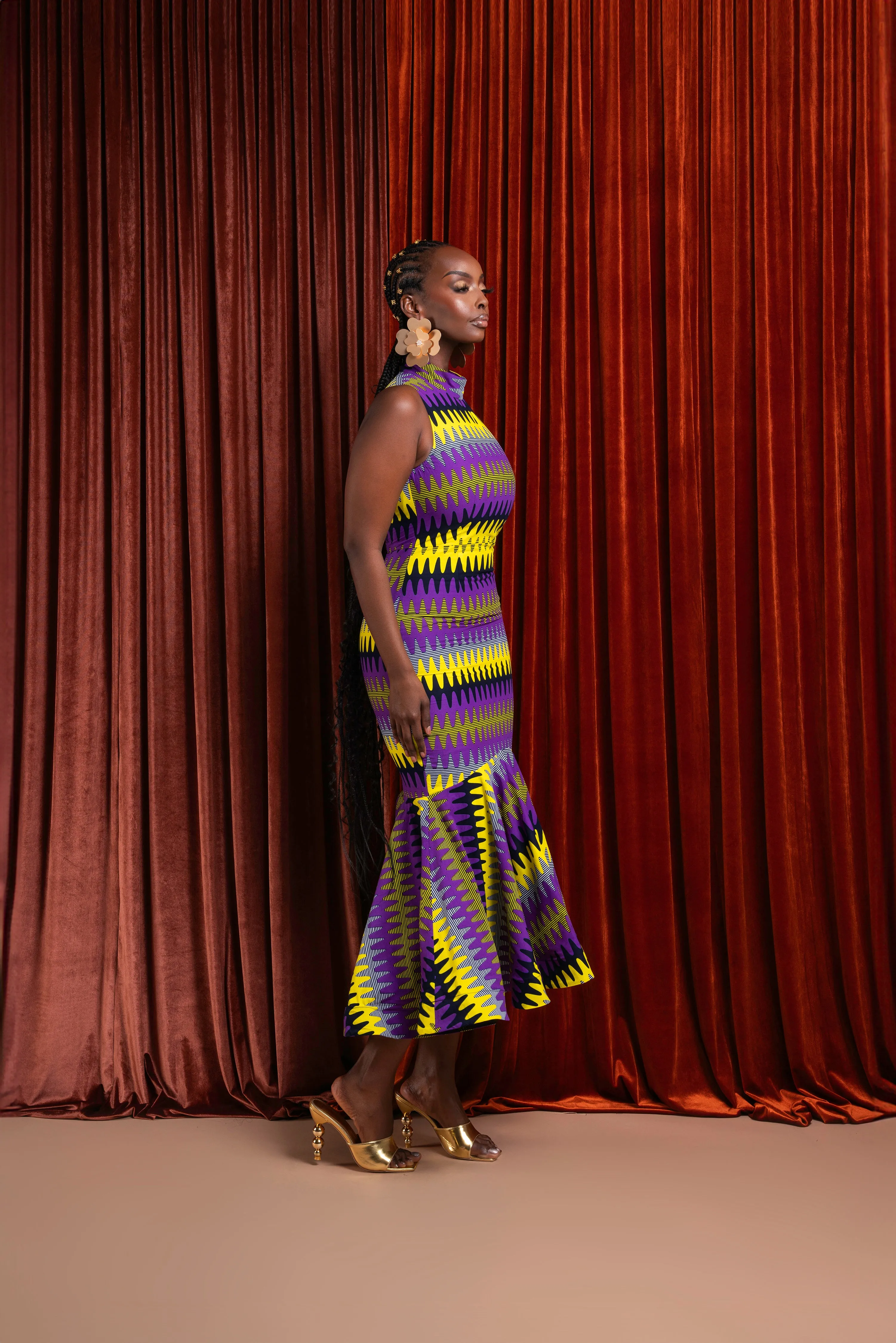 FEMI African Print Maxi Mock Neck Peplum Dress