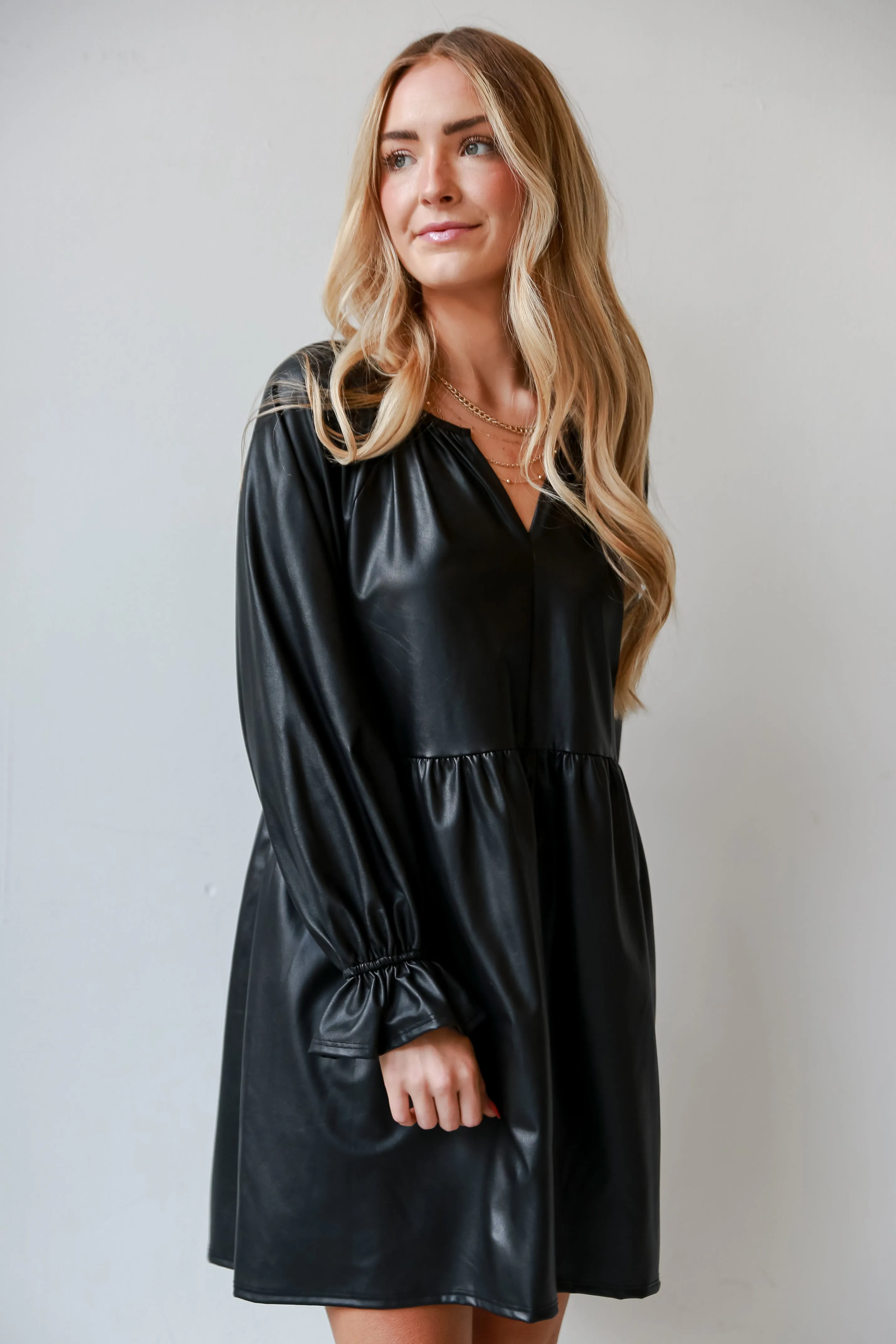 FINAL SALE - Flawless Shine Black Leather Babydoll Mini Dress