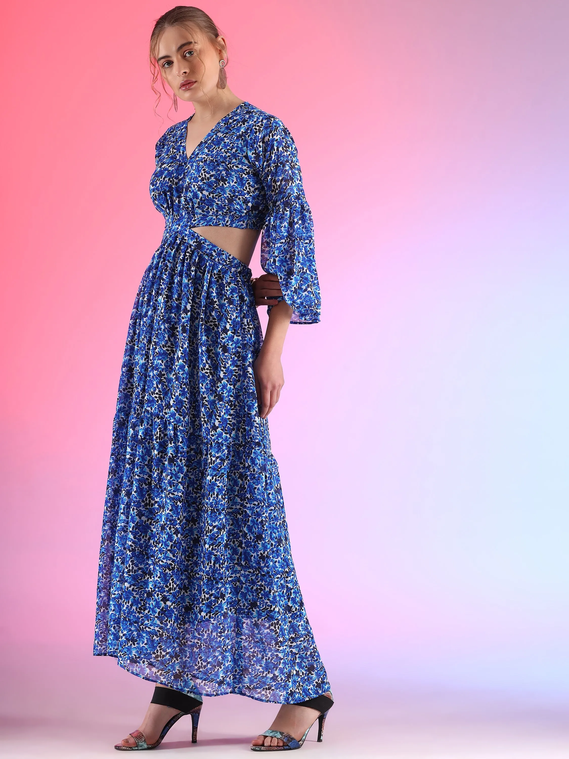 Floral Printed Georgette Fit and Flare Waist Cut out Maxi Dress