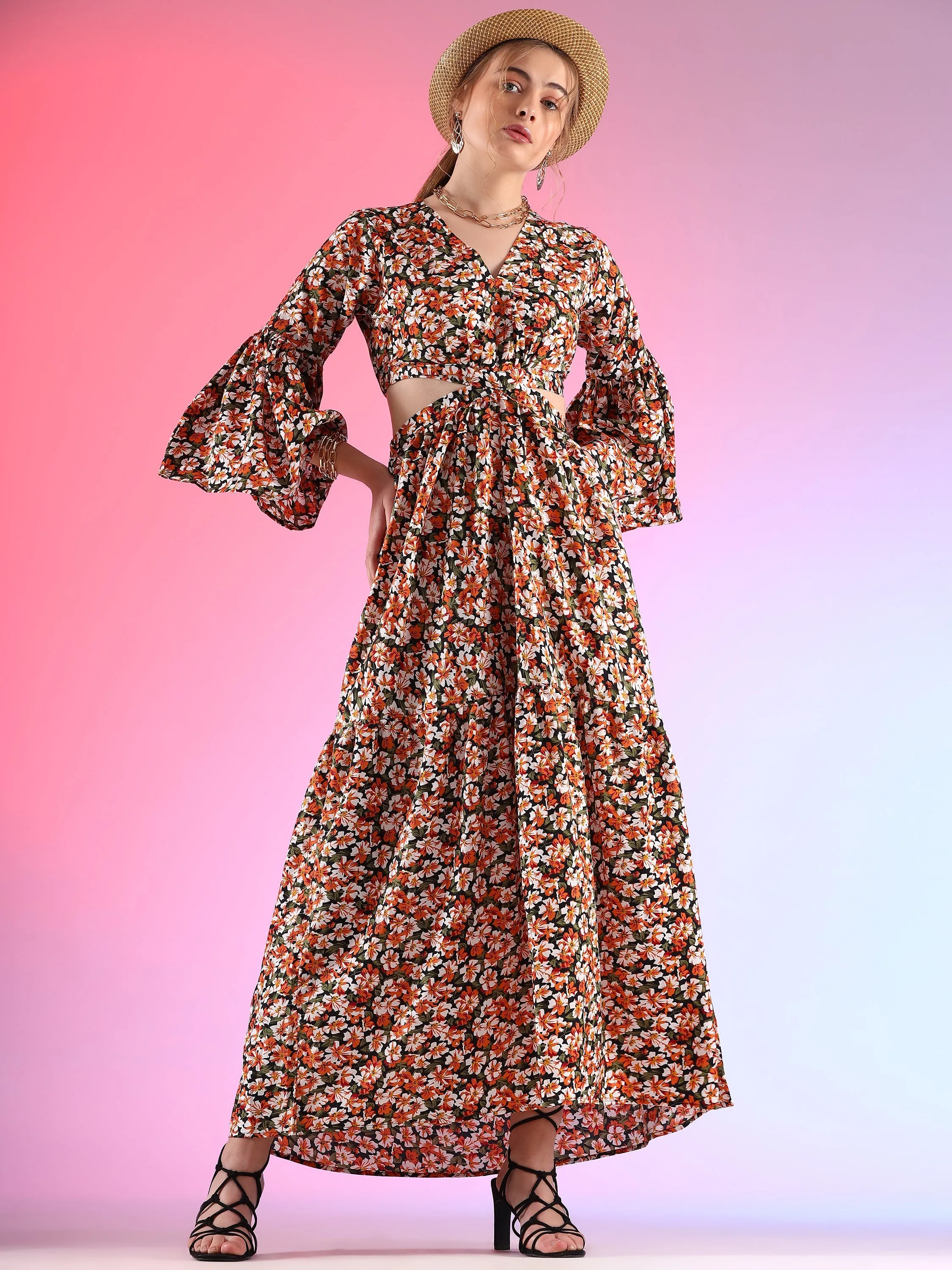 Floral Printed Georgette Fit and Flare Waist Cut out Maxi Dress