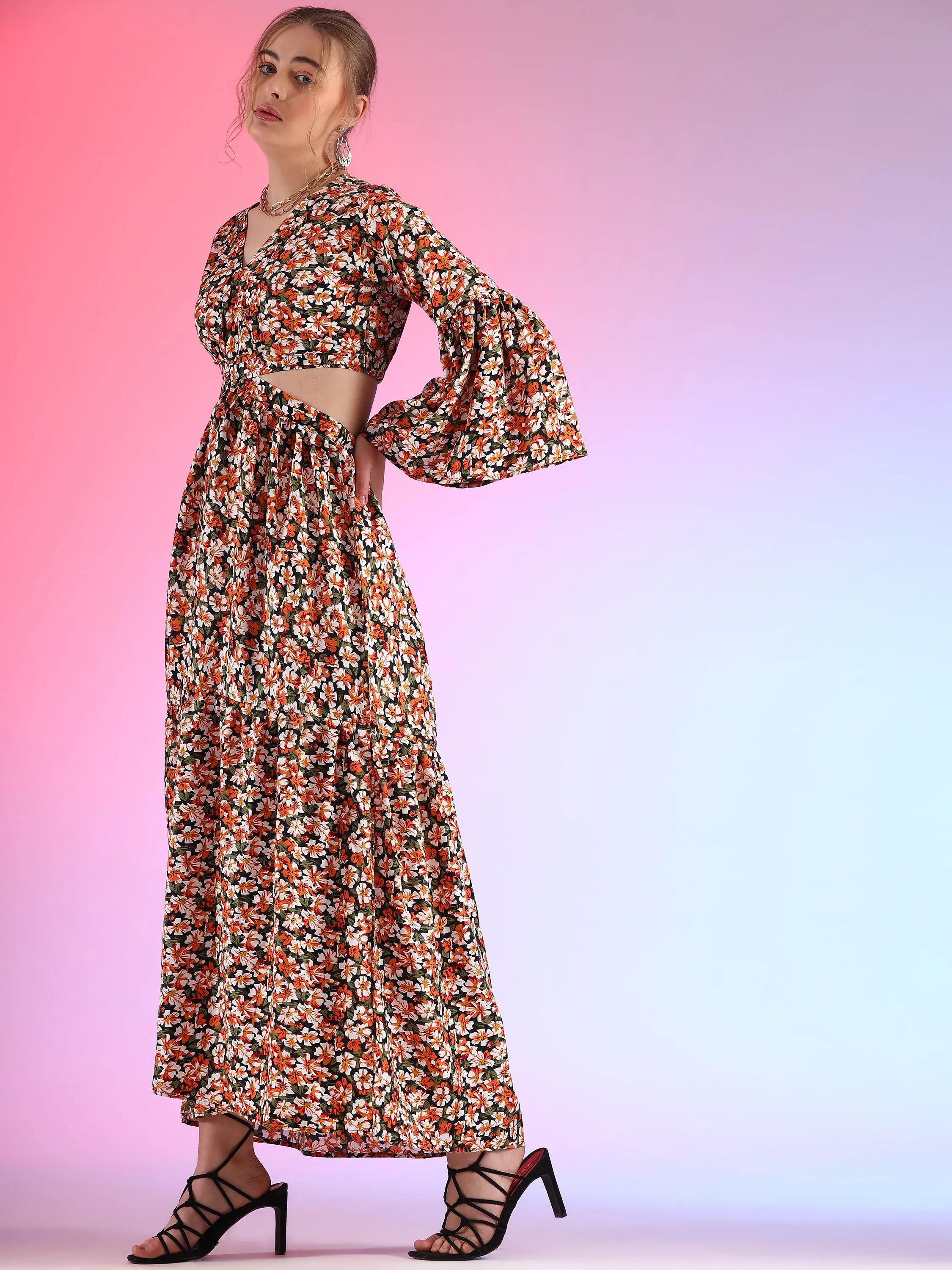 Floral Printed Georgette Fit and Flare Waist Cut out Maxi Dress