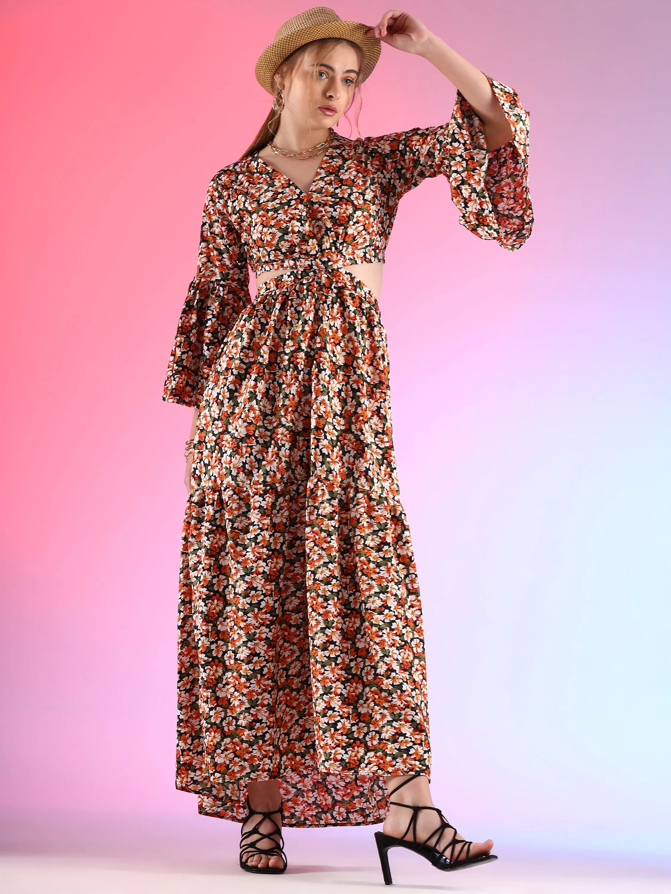 Floral Printed Georgette Fit and Flare Waist Cut out Maxi Dress