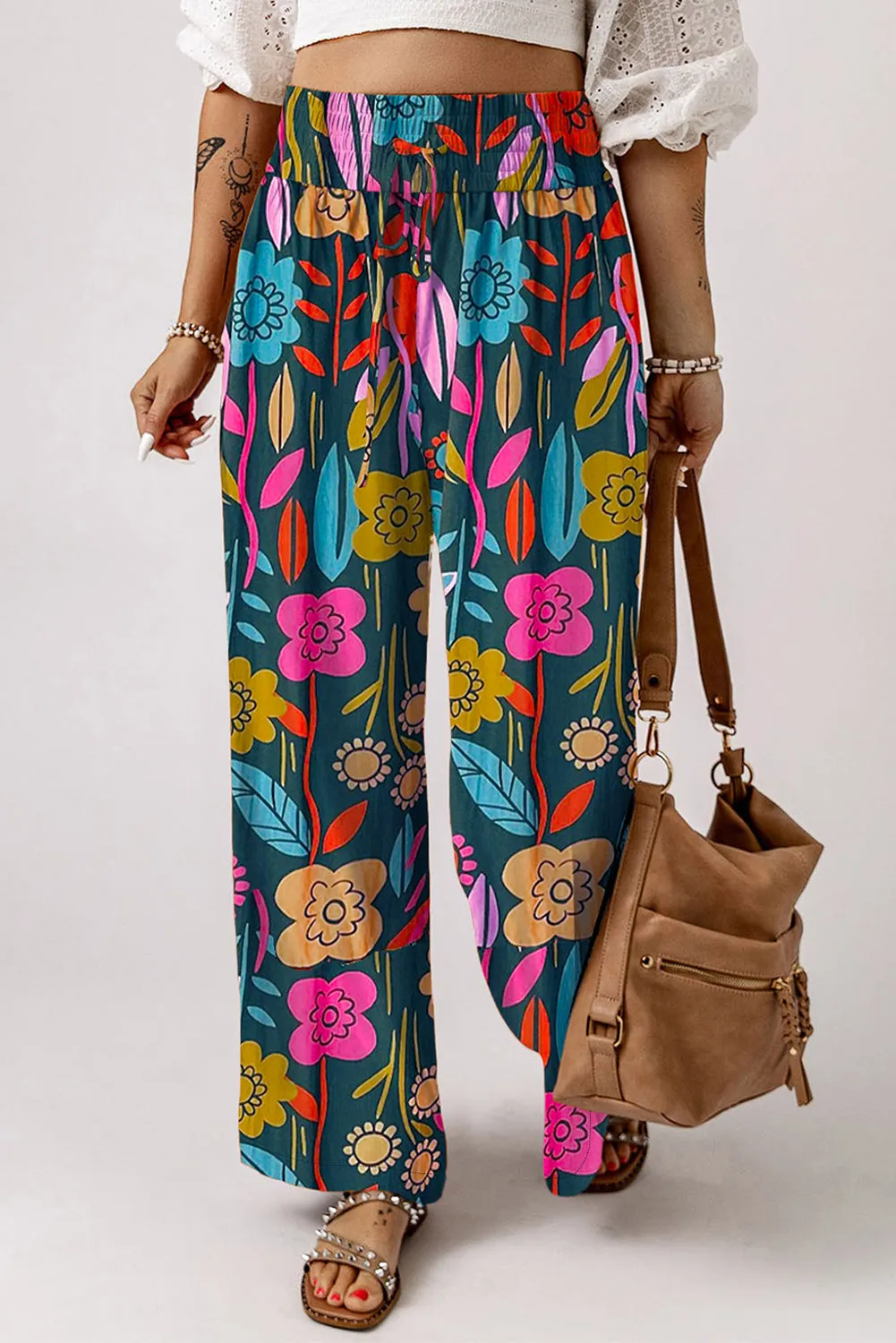 Flower Printed High Waist Wide Leg Pants