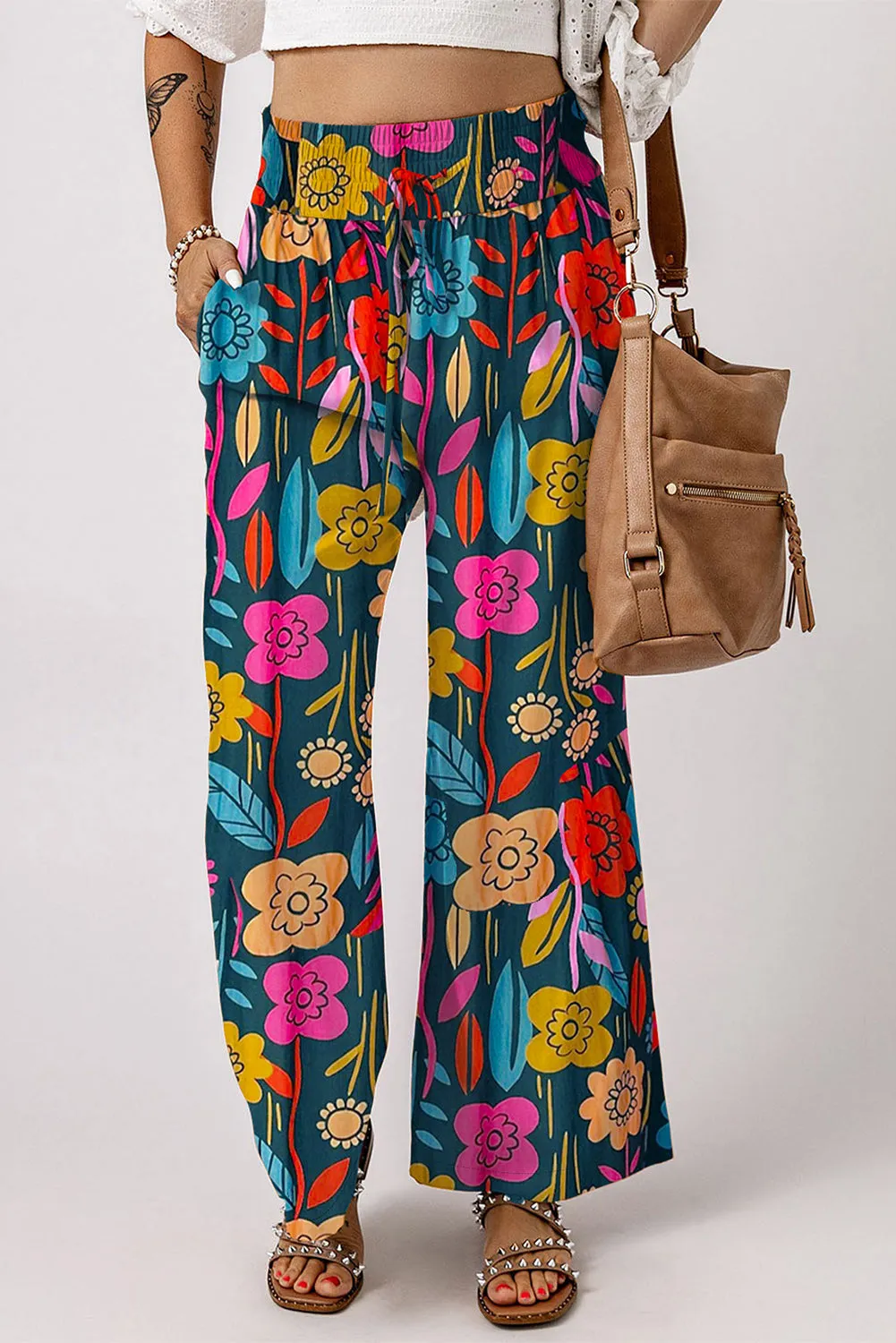 Flower Printed High Waist Wide Leg Pants