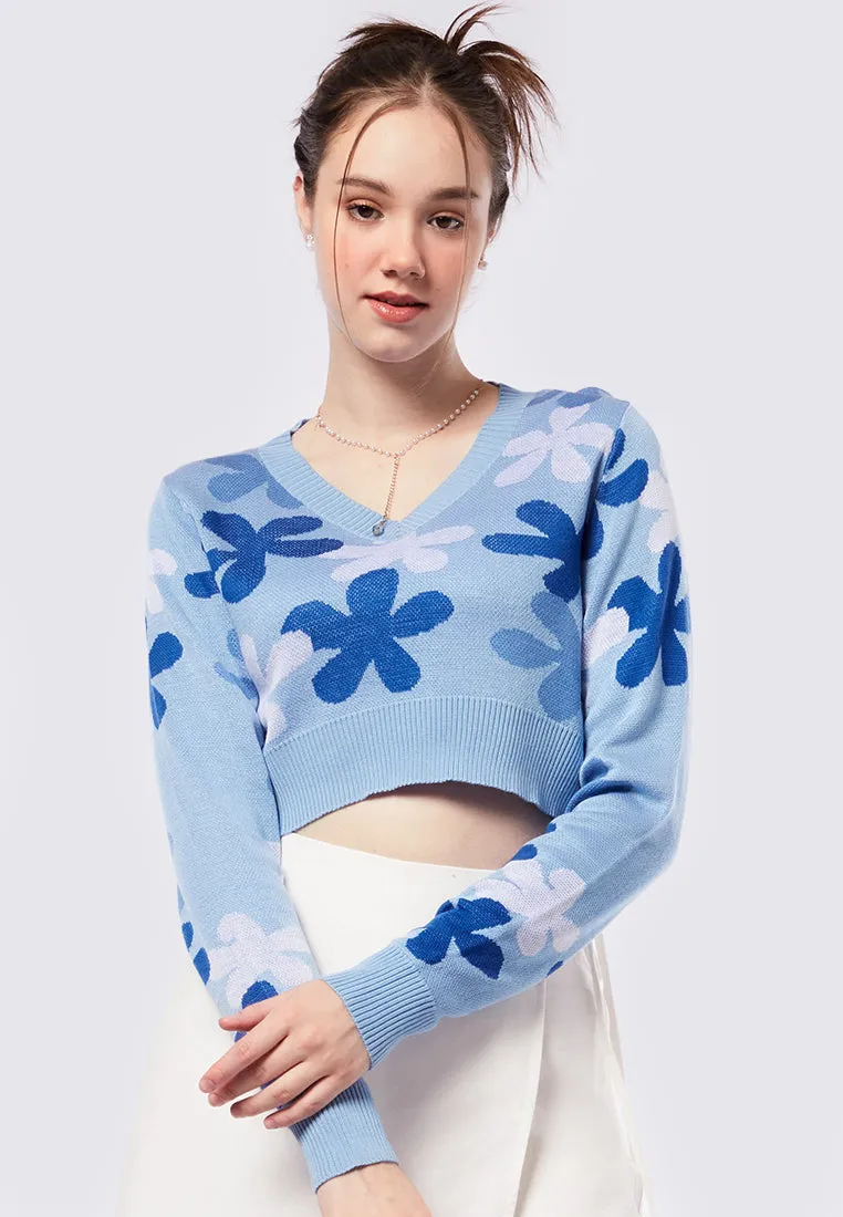 Flowery Long Sleeve Crop Sweater