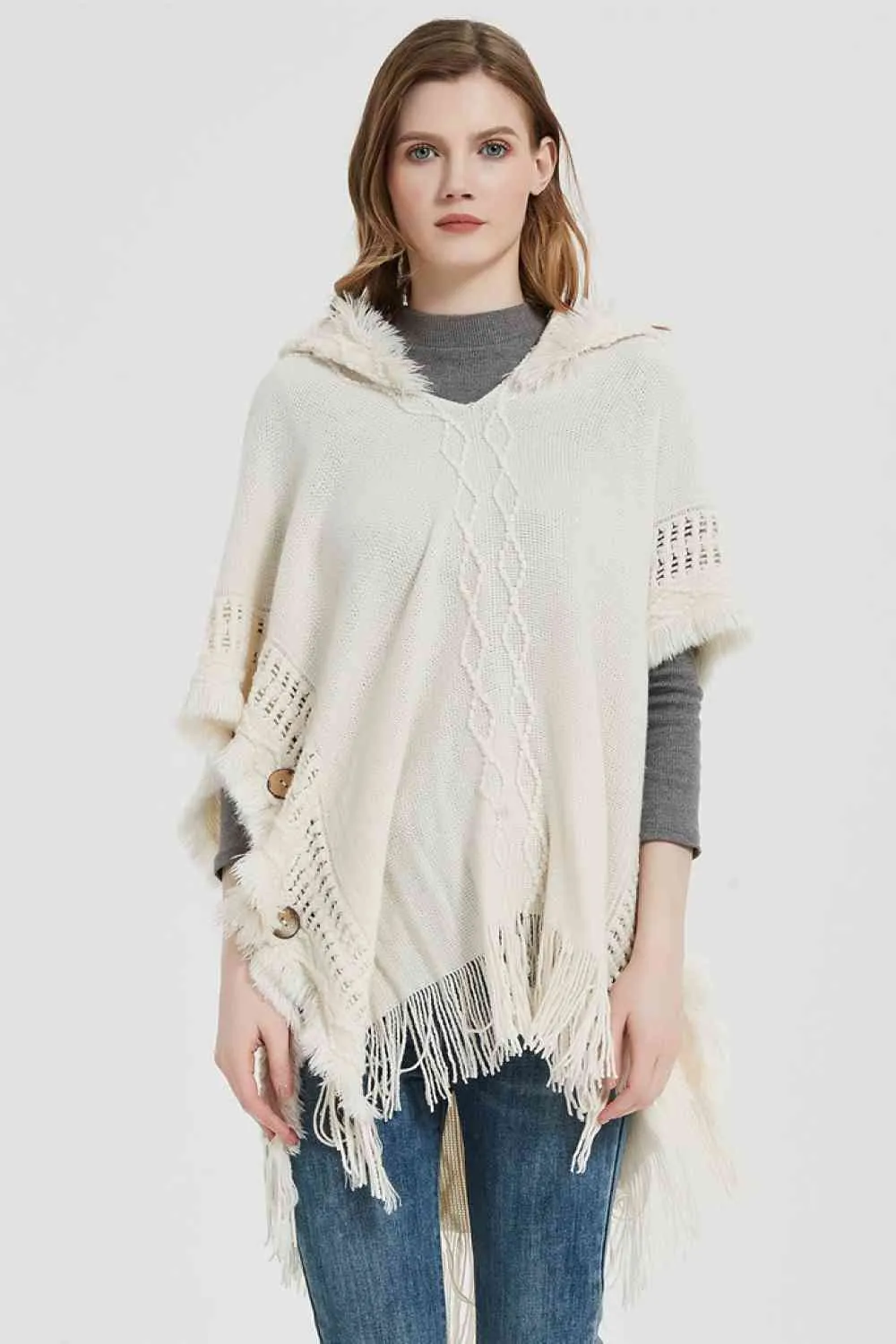 Fringe Hem Hooded Poncho