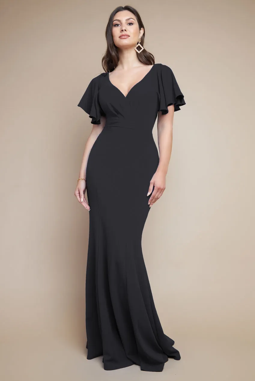 Goddiva Scuba Crepe Flared Sleeve Wrap Bodice Maxi Dress