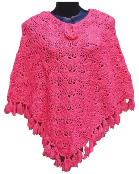 Graminarts Handmade Woolen Crochet Design Girls/Women Poncho - Rose Pink