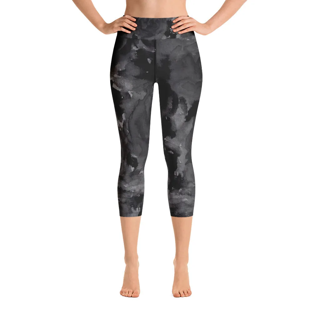 Gray Rose Floral Capri Leggings, Best Women's Yoga Pants For Women- Made in USA/EU