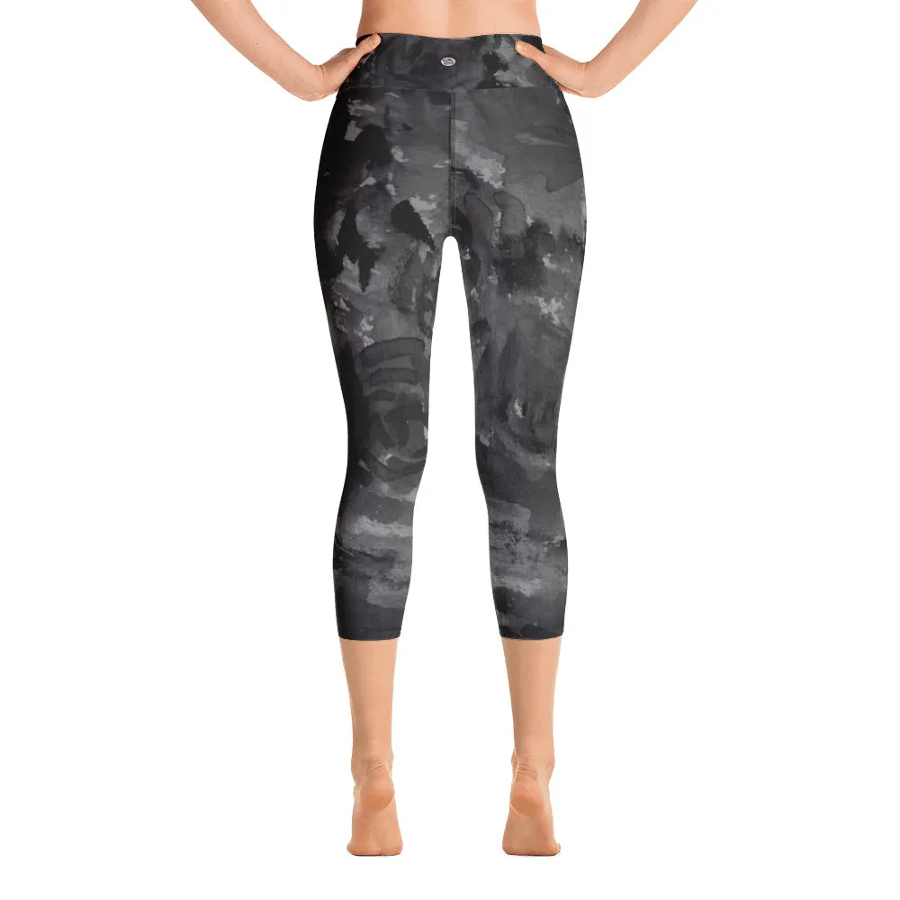 Gray Rose Floral Capri Leggings, Best Women's Yoga Pants For Women- Made in USA/EU