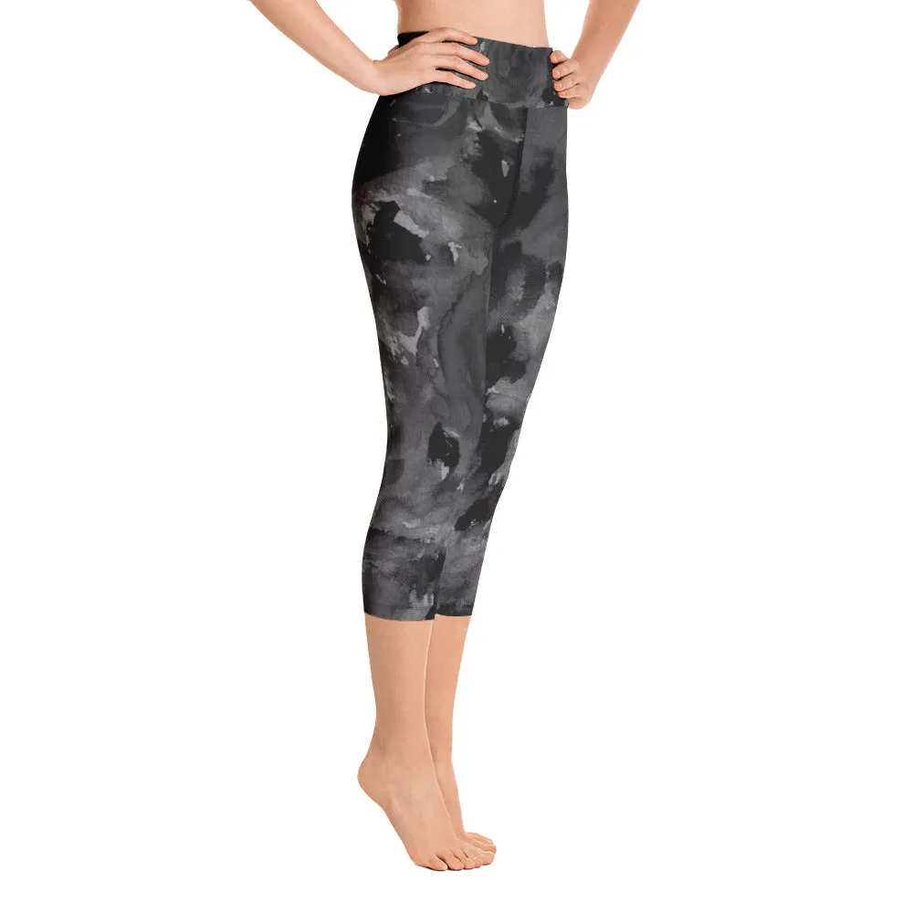 Gray Rose Floral Capri Leggings, Best Women's Yoga Pants For Women- Made in USA/EU