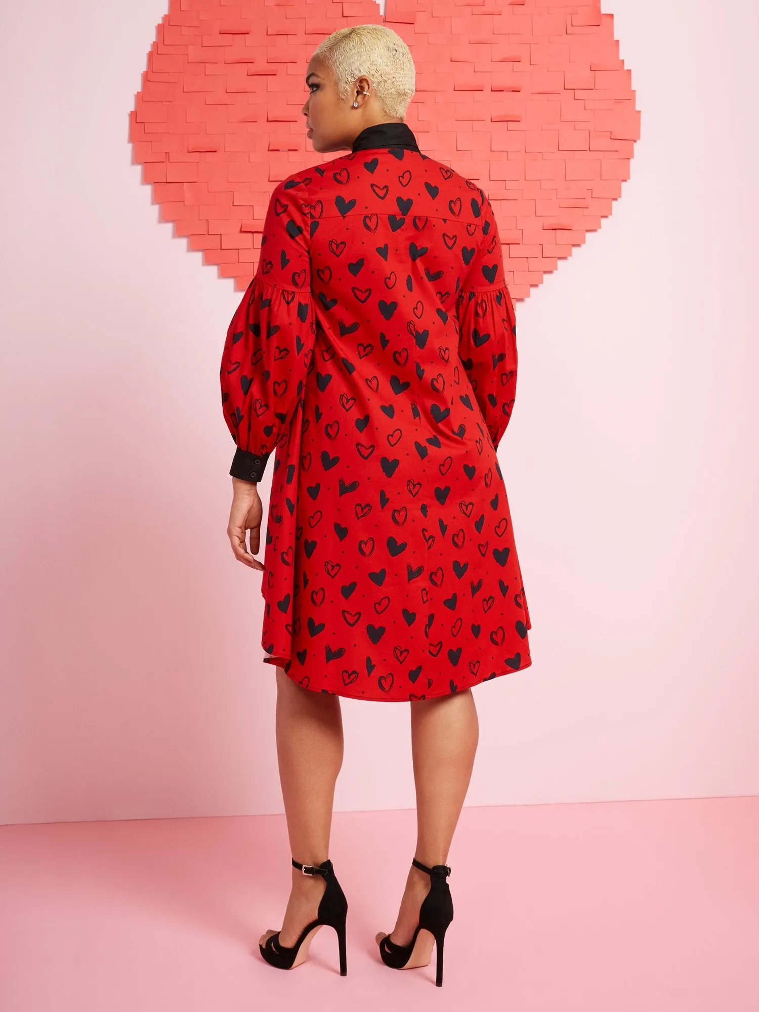 Heart-Print Long-Sleeve Babydoll Dress