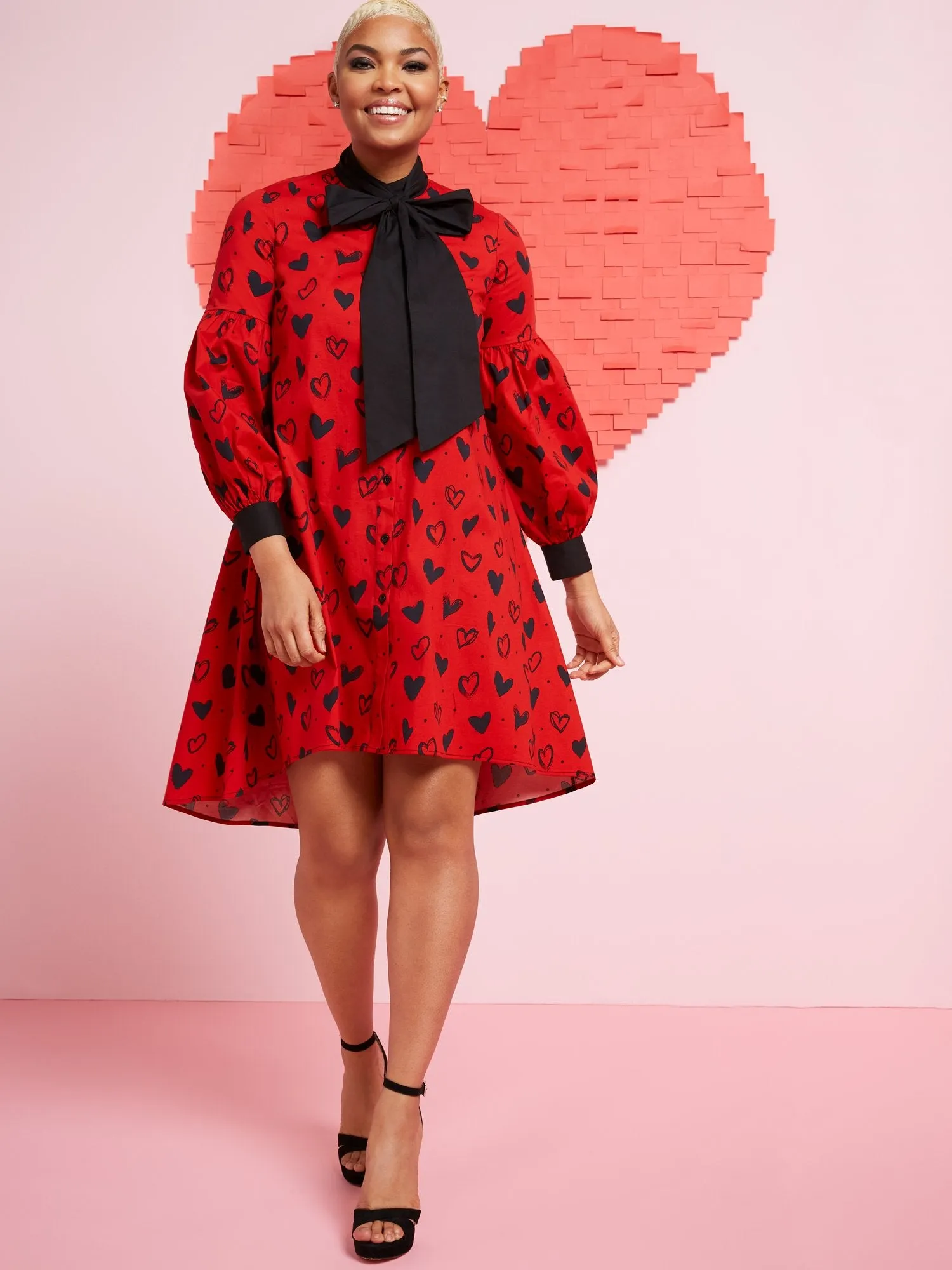 Heart-Print Long-Sleeve Babydoll Dress