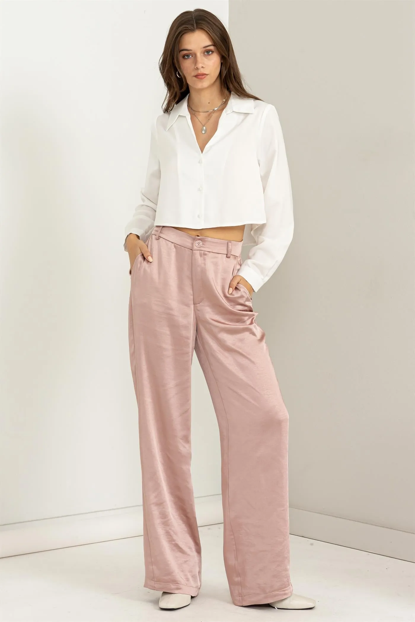 HF23F137-High-waist Satin Straight-leg Pants