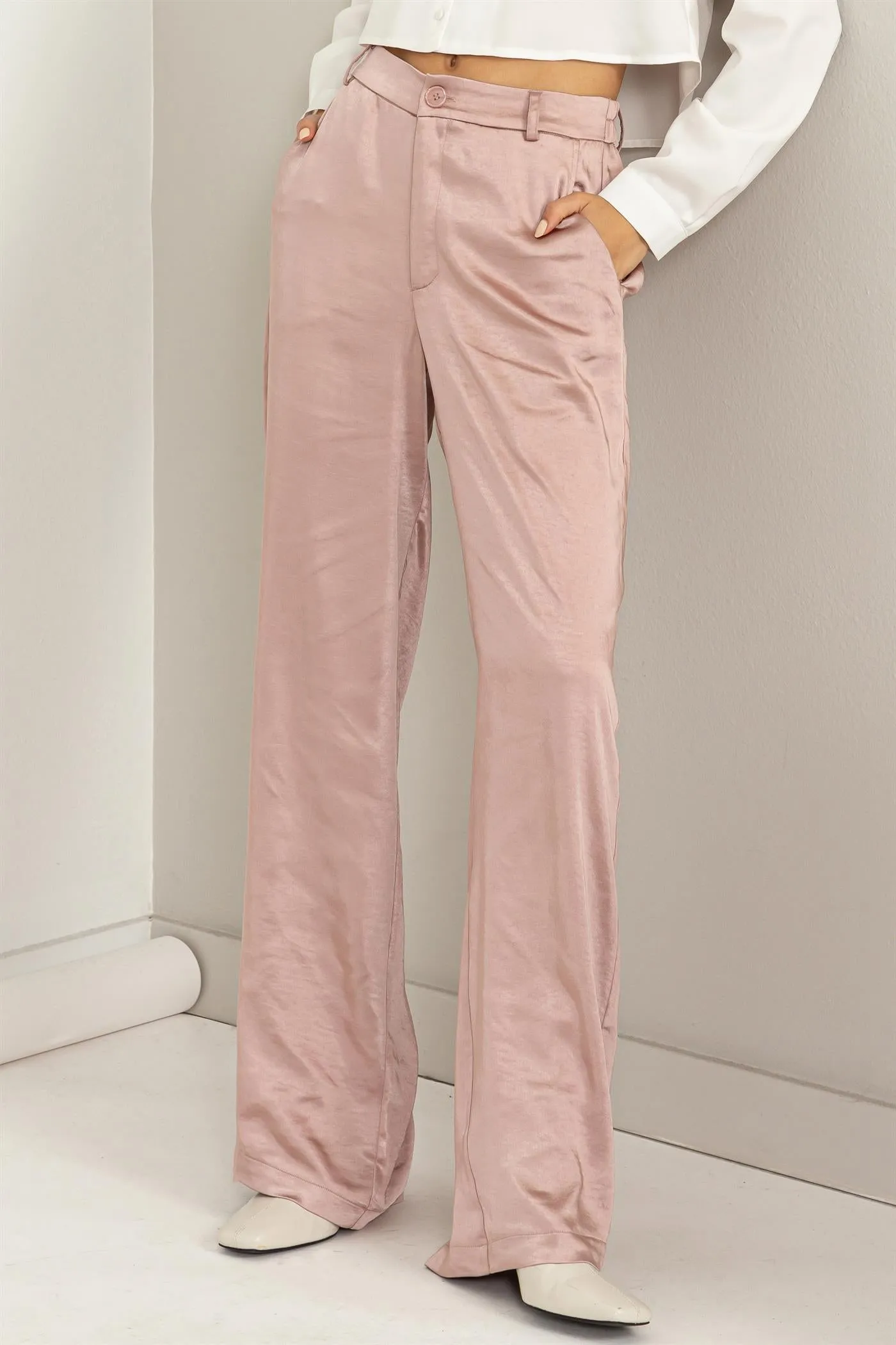 HF23F137-High-waist Satin Straight-leg Pants