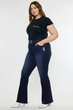 HI Curvy Plus Size Women High Rise Double WB Fray Hem Flare Jeans