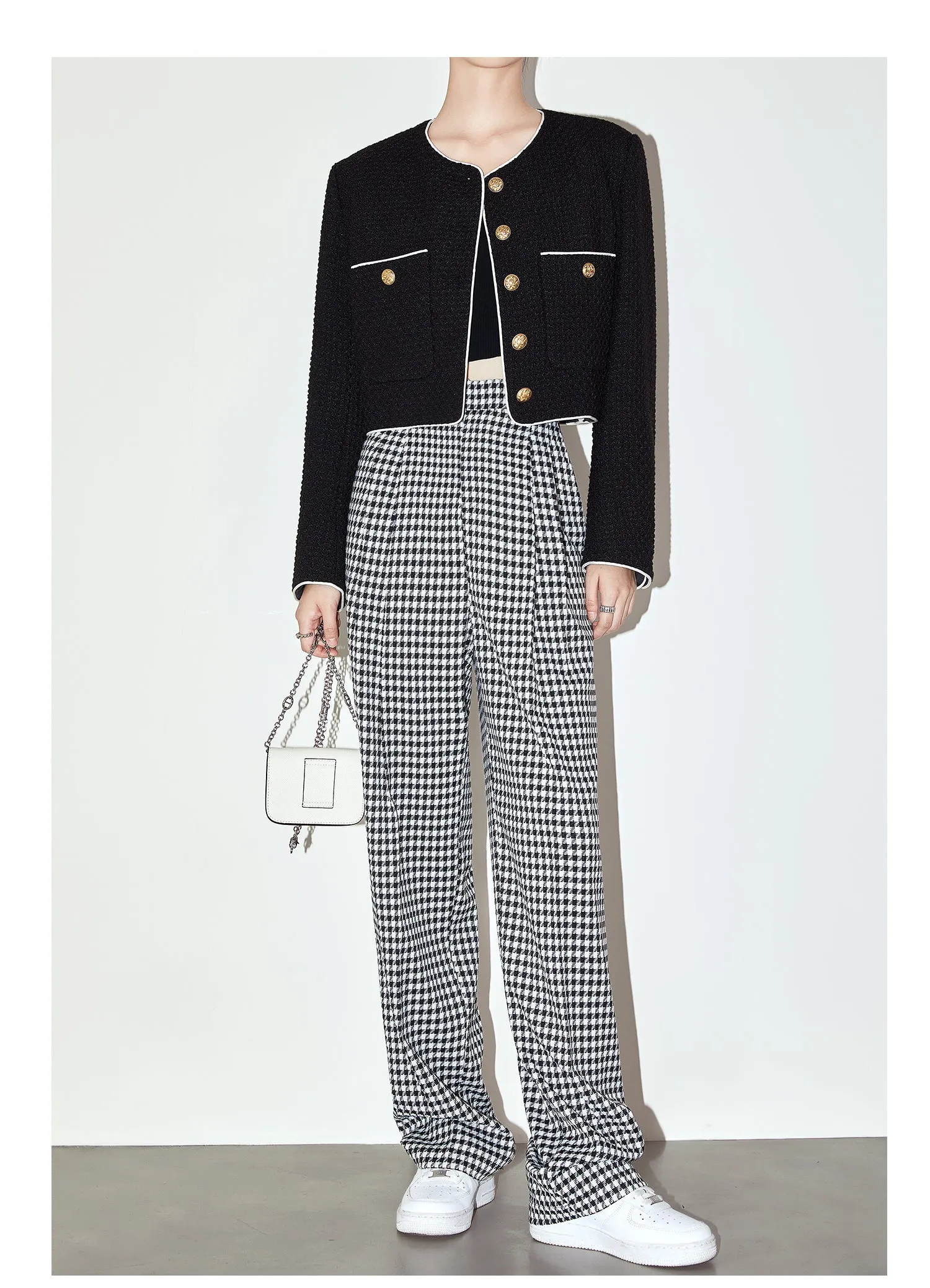 High-quality black white plaid houndstooth casual high-waist pants trouser - Tilda