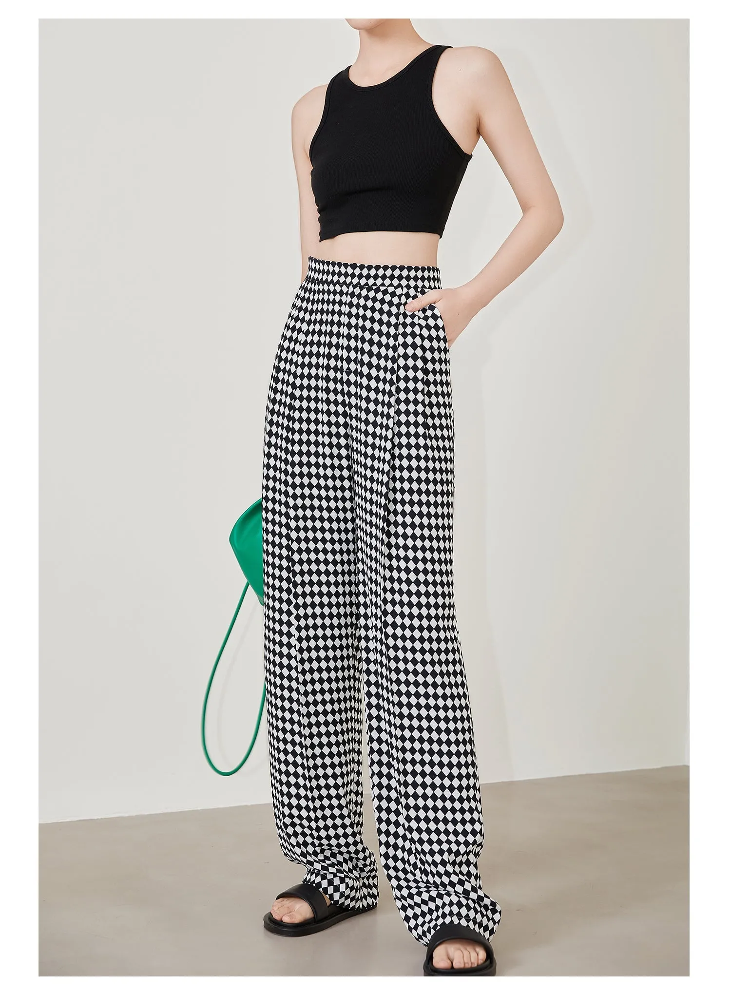 High-quality black white plaid houndstooth casual high-waist pants trouser - Tilda