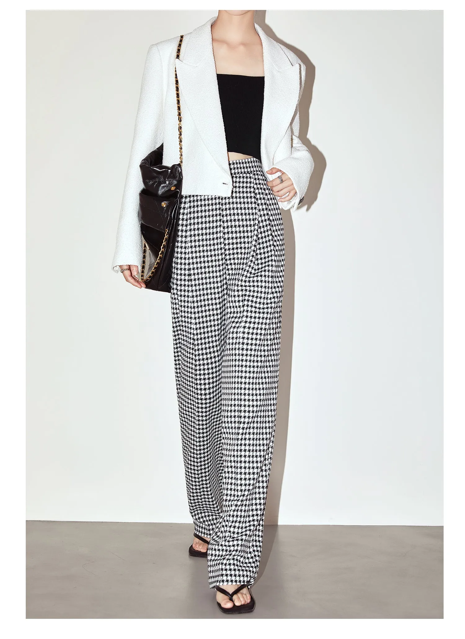 High-quality black white plaid houndstooth casual high-waist pants trouser - Tilda