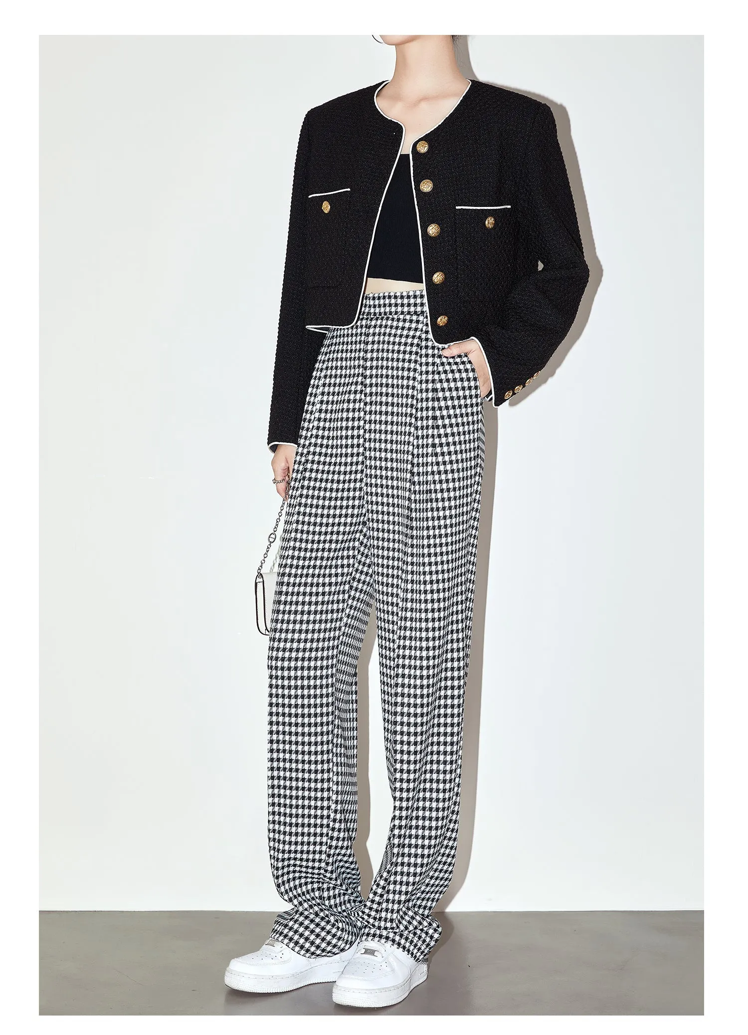 High-quality black white plaid houndstooth casual high-waist pants trouser - Tilda