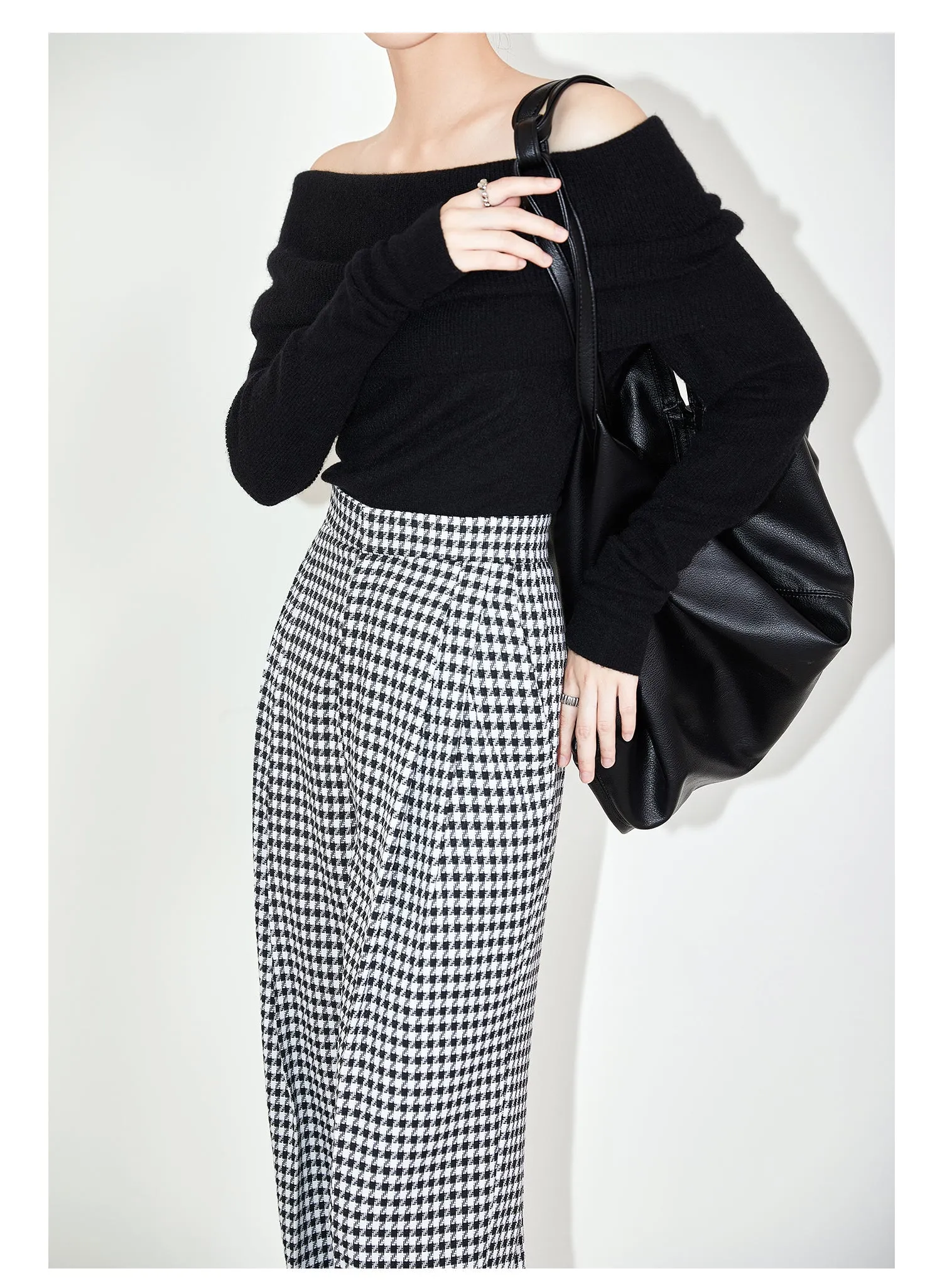 High-quality black white plaid houndstooth casual high-waist pants trouser - Tilda