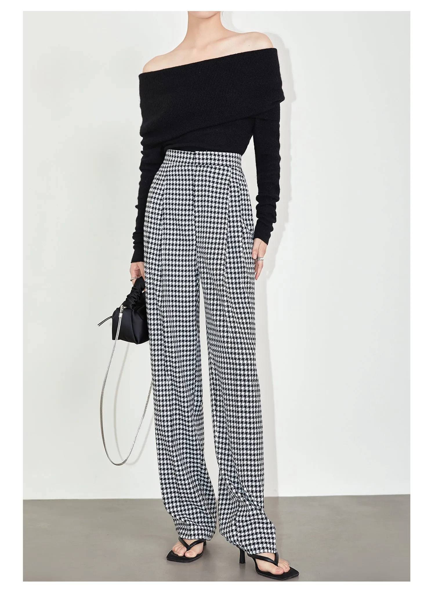 High-quality black white plaid houndstooth casual high-waist pants trouser - Tilda