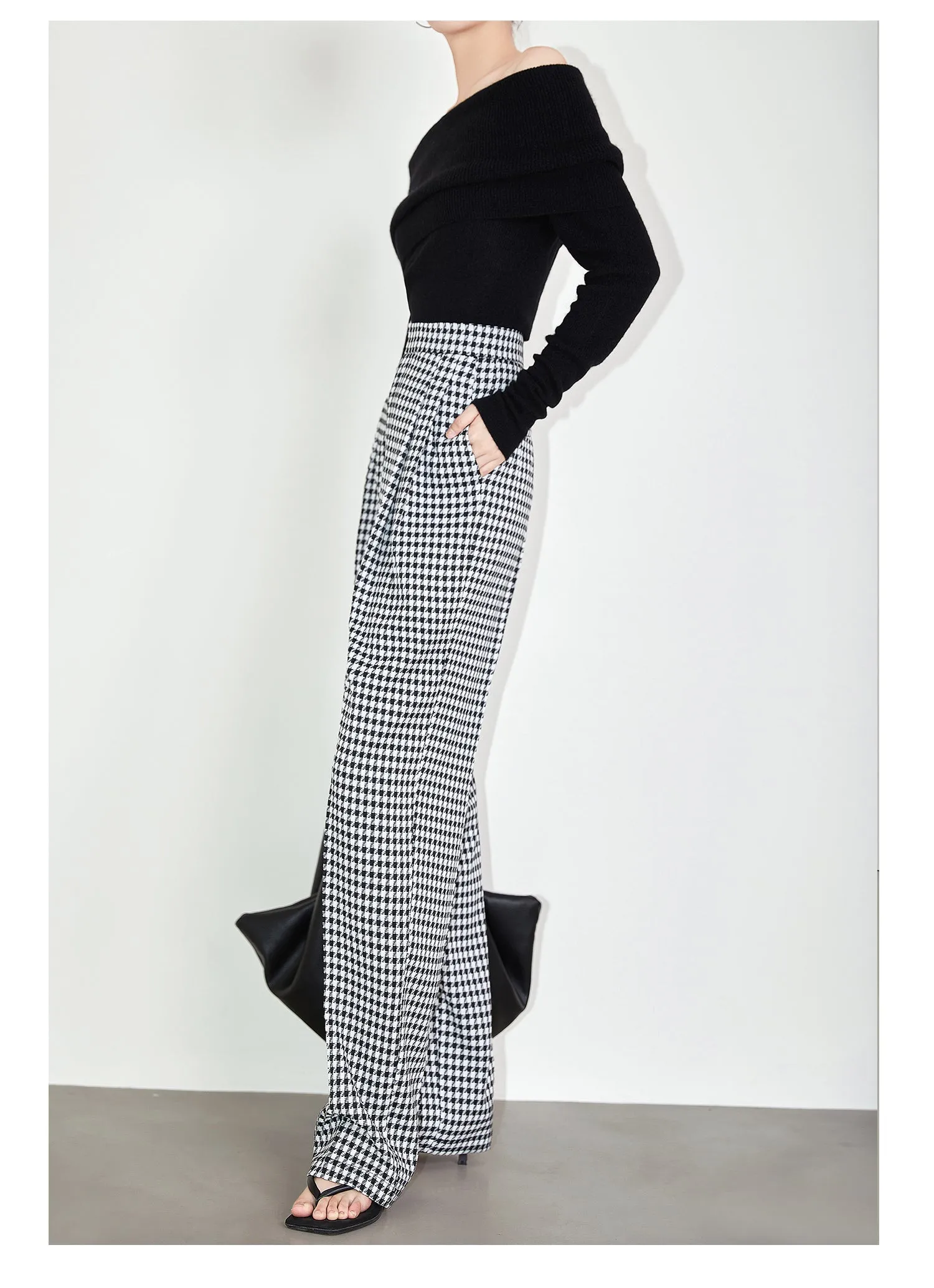 High-quality black white plaid houndstooth casual high-waist pants trouser - Tilda