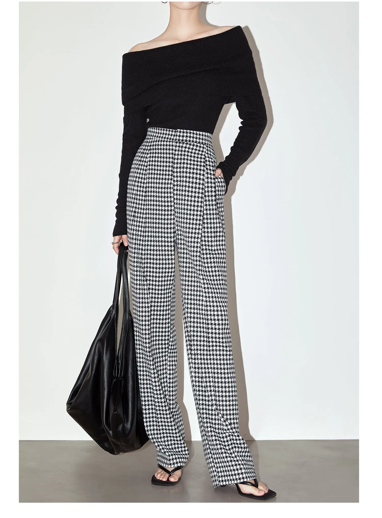 High-quality black white plaid houndstooth casual high-waist pants trouser - Tilda