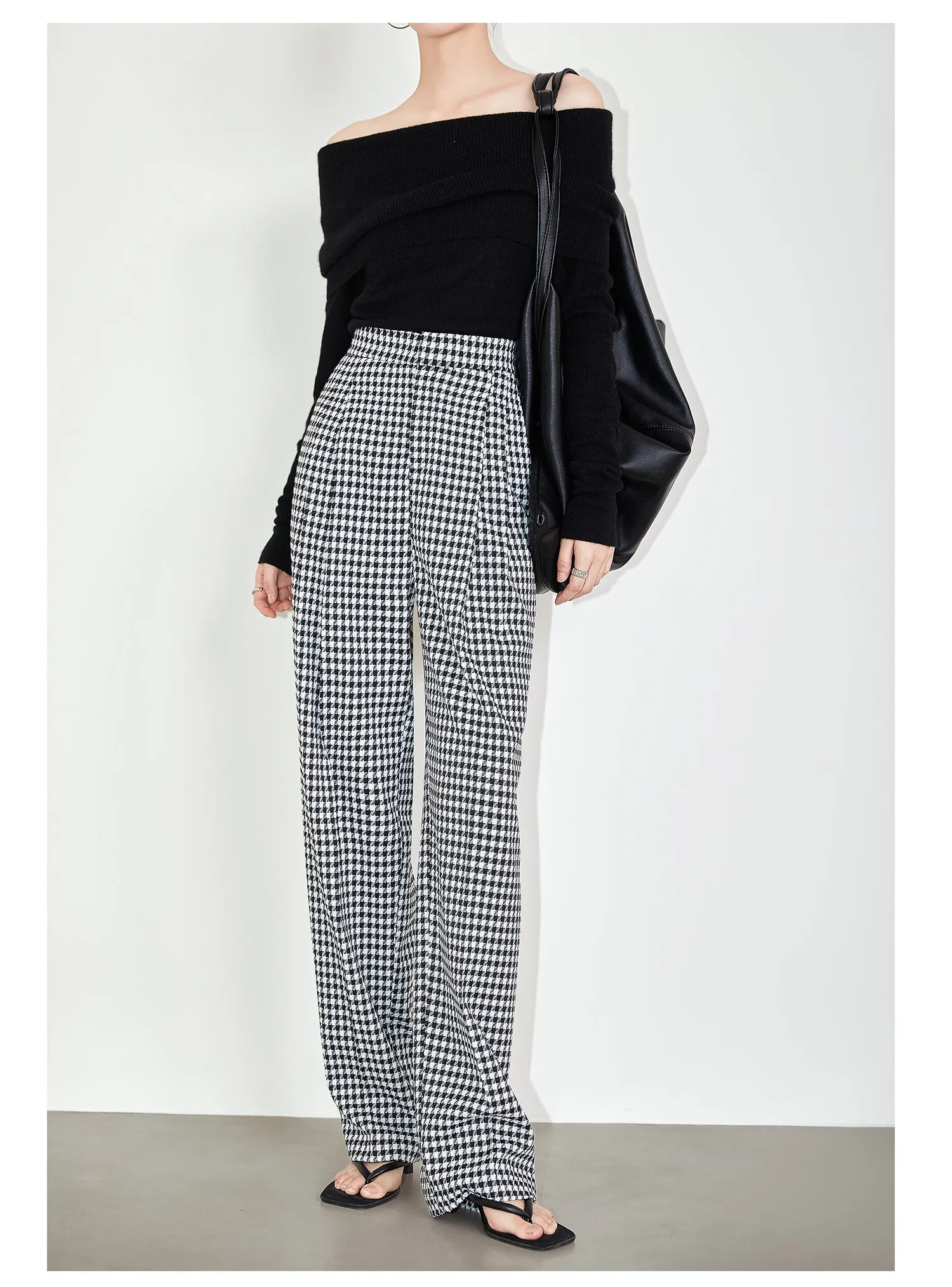 High-quality black white plaid houndstooth casual high-waist pants trouser - Tilda